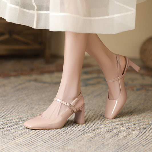 2025 778-9 retro square head high heels women's 2025 new thick heel single shoes empty bag head Roman sandals women