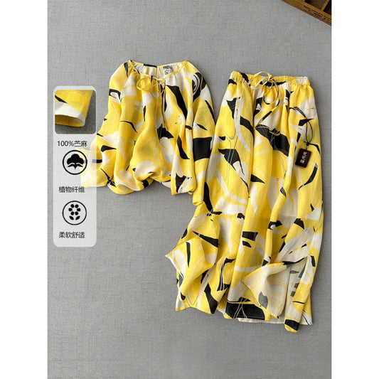 Literary and retro printed shirt skirt set spring comfortable pendulum double-layer A-word long skirt two-piece set