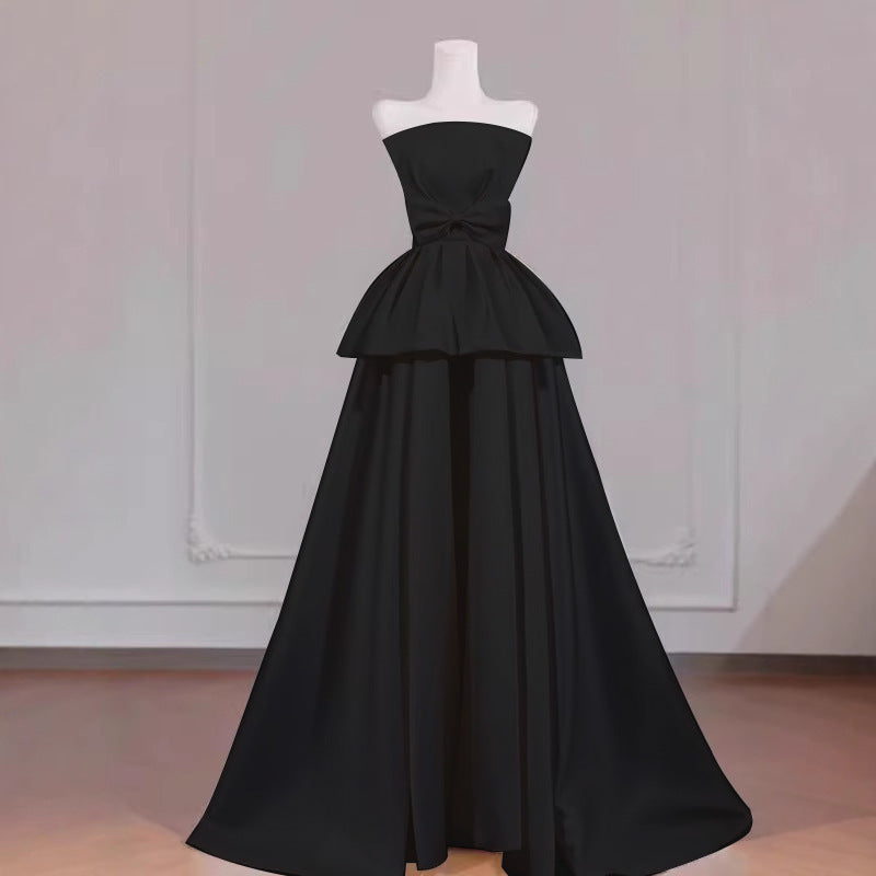 2025 tube top light wedding dress bride simple niche satin temperament go out yarn Mori bow engagement dress skirt