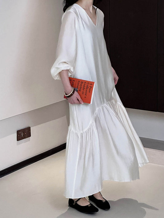 2025 V-neck dress 2025 early spring new high-end temperament loose and gentle fishtail dress 1583