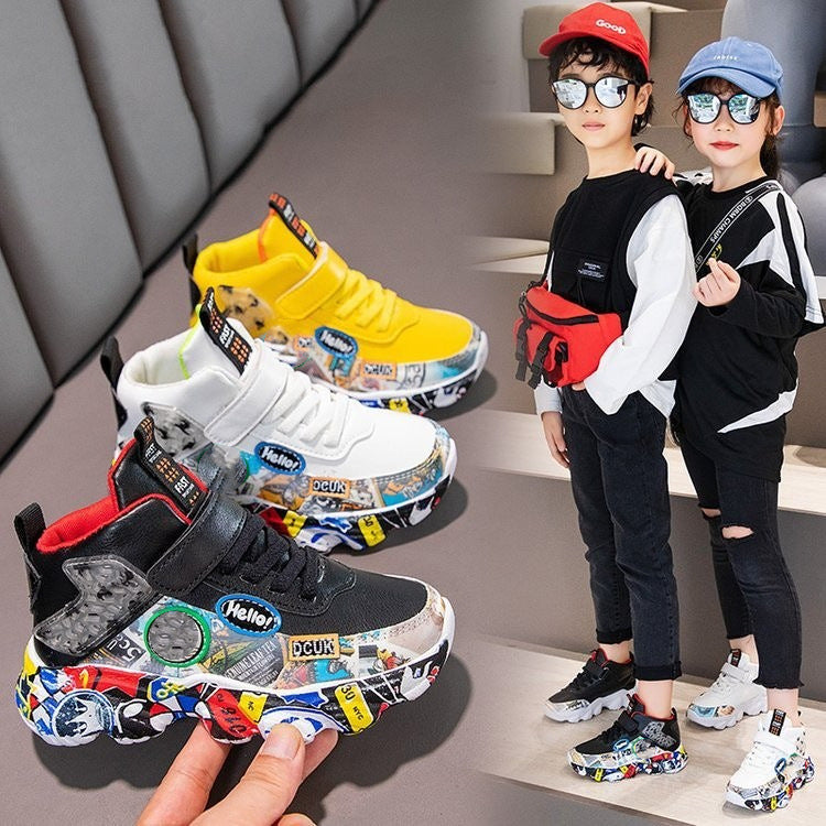 flowersverse Men's and Women's Children's Shoes Autumn and Winter Children's Sneaker Leather Dad Shoes Boys and Girls Middle and Big Children Camouflage Running Shoes