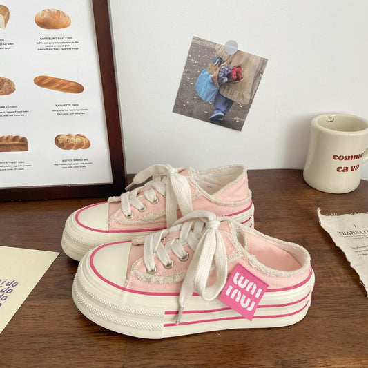 flowersversePopular Thick Bottom Height Increasing Canvas Shoes Women Autumn New Korean Style Versatile Casual Step-on Dual-Purpose Slippers Women