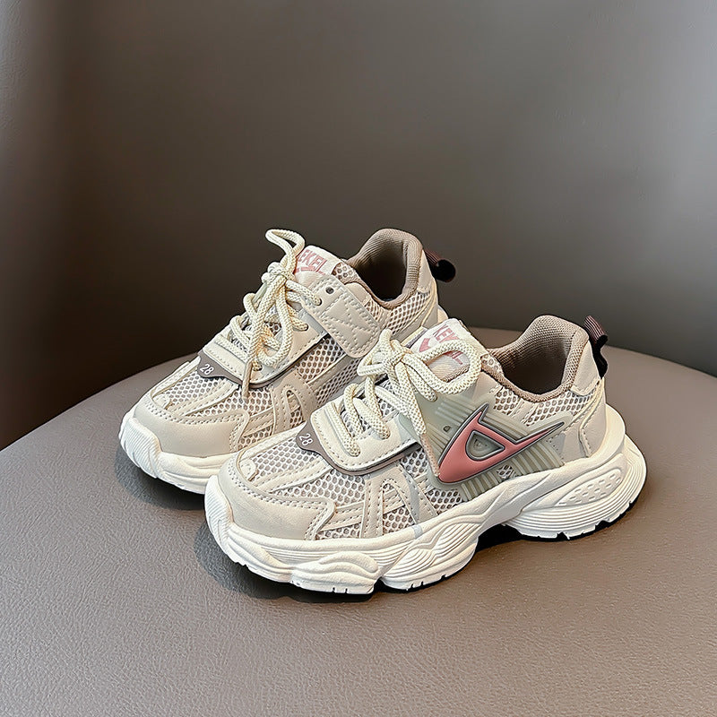 flowersverse Children's Mesh Sneaker Spring and Autumn New Boys' Solid Color Dad Shoes Girls' Medium and Large Children's Running Shoes Tide