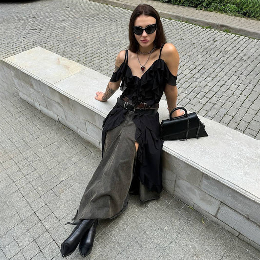 suspender super long irregular shirt high-end design sense niche splicing lace-up top lazy wind New