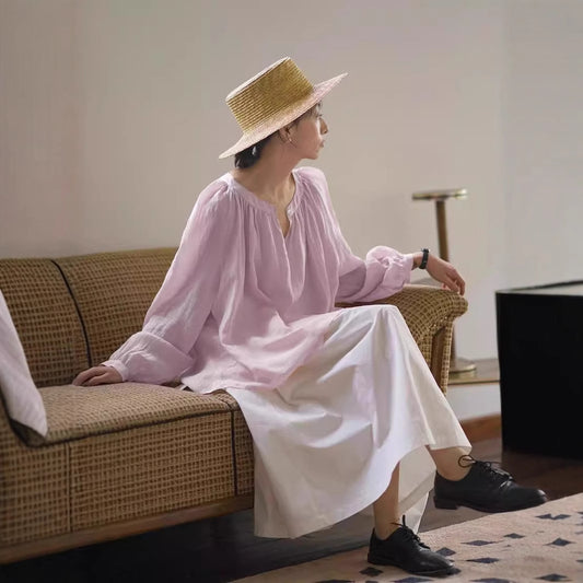 Women's shirt spring soft mist powder long-sleeved shirt wrinkled hemp texture ramie loose sunscreen shirt top versatile 220610