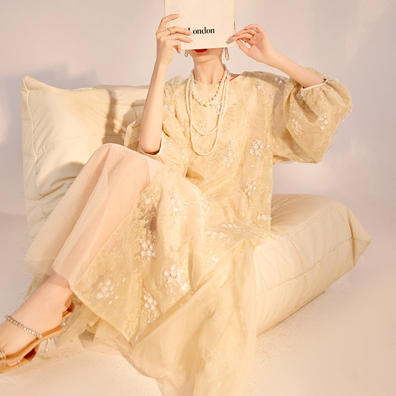 New Chinese high-end flower bead embroidered dress Guofeng light luxury design temperament long dress N2034