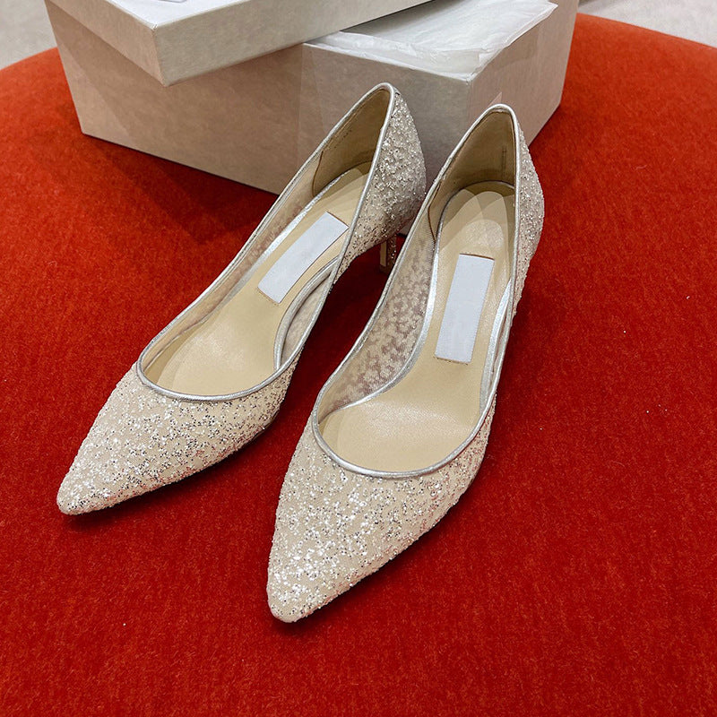 flowersverse JC Sequin Gauze Fashionable Wedding Shoes Women's Temperament Wild High Heels Niche Sexy Pointed Toe Rhinestone Stiletto Heel Pumps