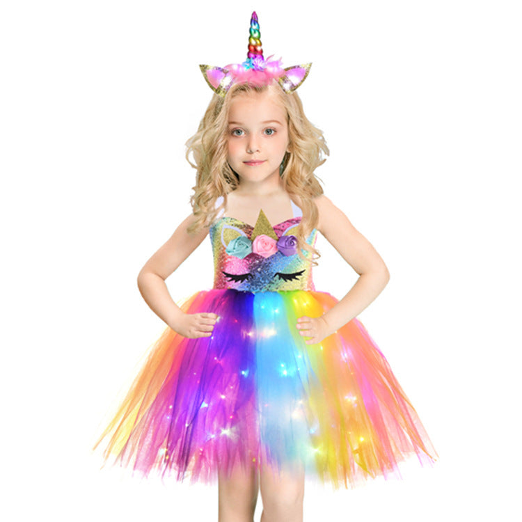 flowersverse Unicorn Tutu Skirt Cross-Border Girls Dress Led Princess Dress Costume Birthday Party Tulle Tutu Skirt