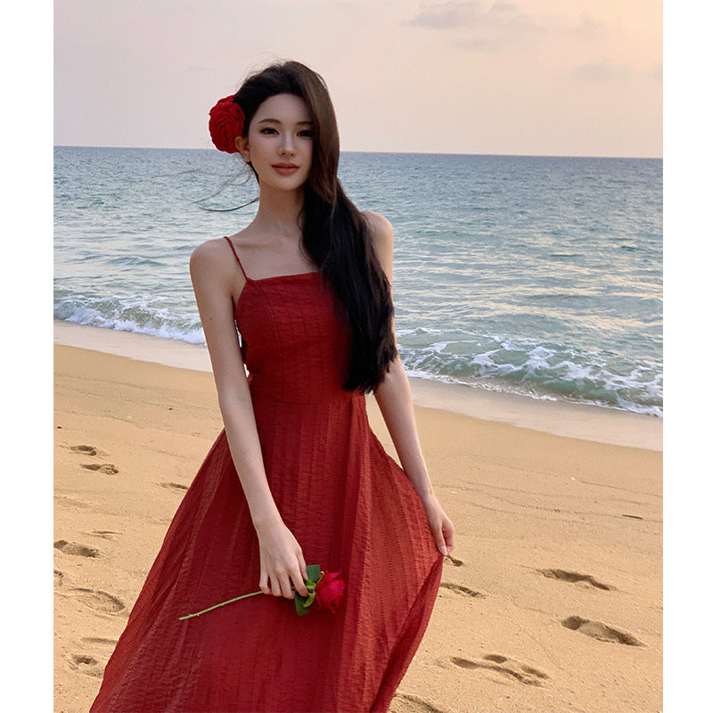 2025 Pink Premium Sexy Halter Suspender Dress Female Summer Fairy Temperament Seaside Vacation Princess Long Skirt