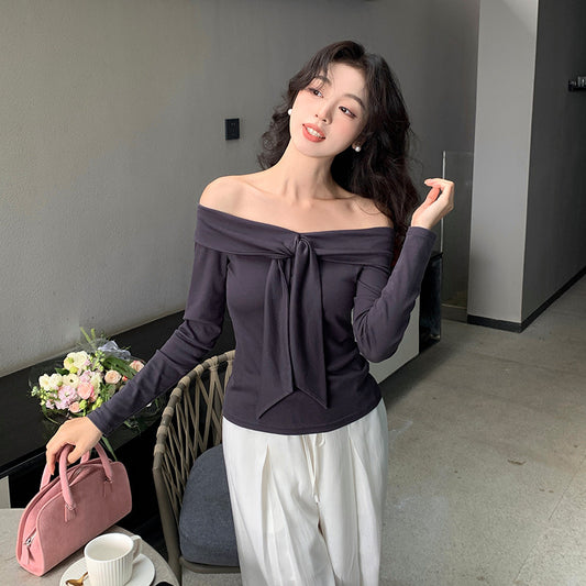 2025 Thirteen Lines Spring New Korean Version Temperament Versatile Shoulder Knitted Sweater Long Sleeve Top 89300