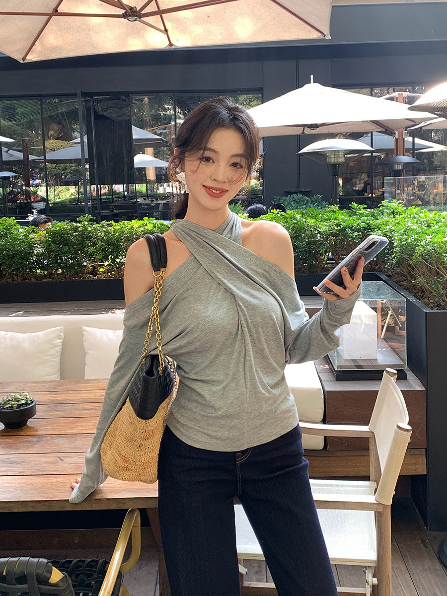 2025 spring new romantic cross-neck long-sleeved shirt women's bottoming shirt 89295