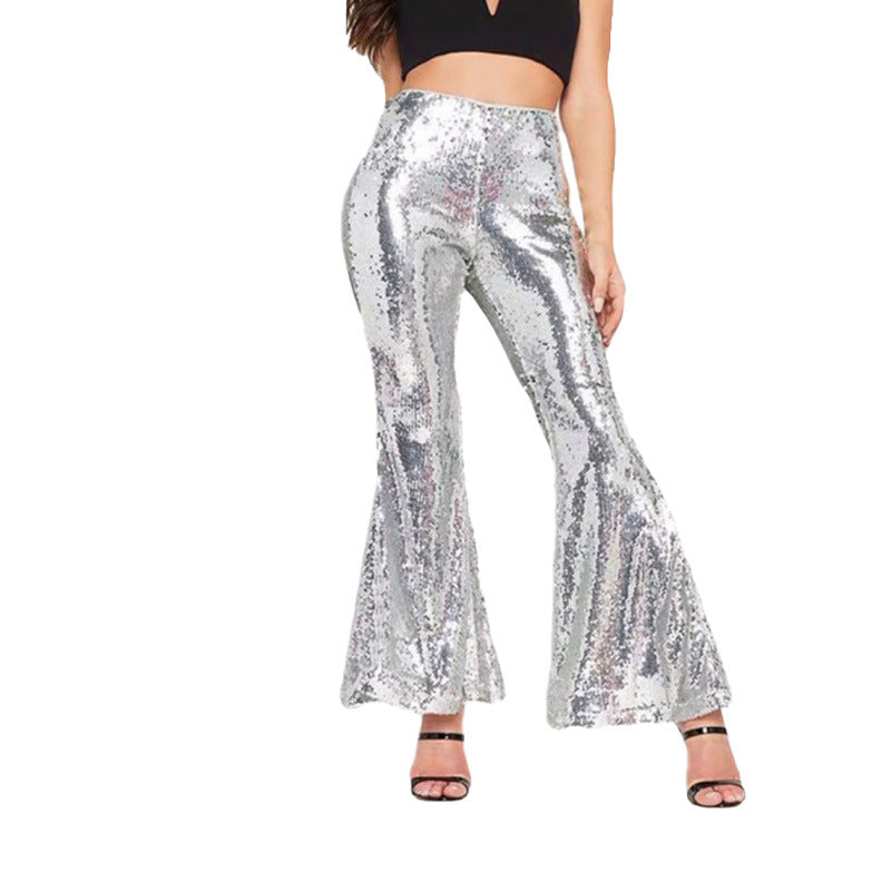 FLOWERSVERSE X8077 European and American Independent Station Cross-Border Women's Clothing Sexy Nightclub See-through Sequins Loose Flared Pants with Lining