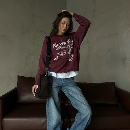 Spring new retro printed sweater loose round neck letter printed niche women's top