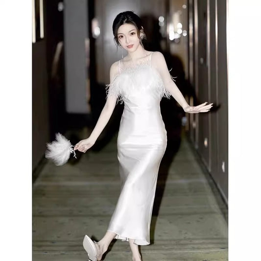 2025 Wedding morning shot dress white morning gown female bride wedding female high-end feather atmosphere dress satin dress