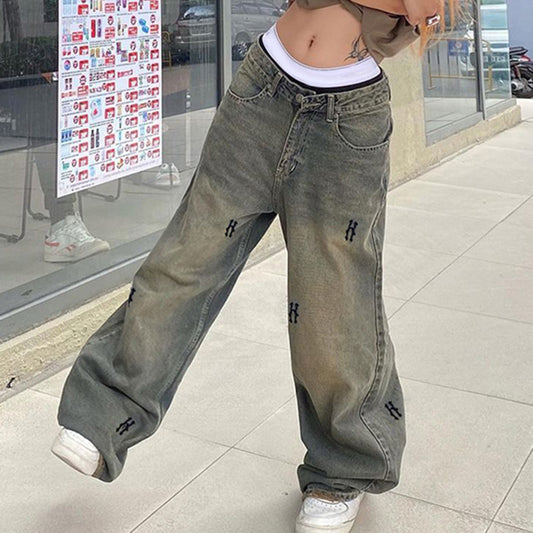 flowersverse HOTan and NEWn Low Waist Loose Distressed Printed Jeans Women's Street Hot Girl Personality Trousers Mop Wide Leg Pants Tide