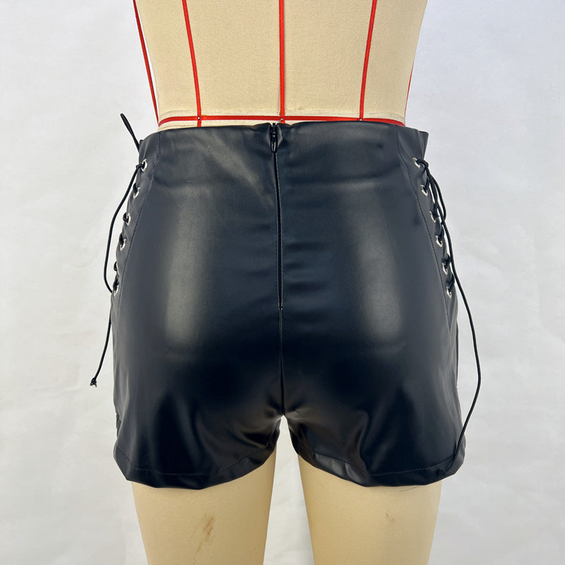 new autumn and winter black high-waisted elastic shorts women's tight casual pants imitation leather pants wholesale
