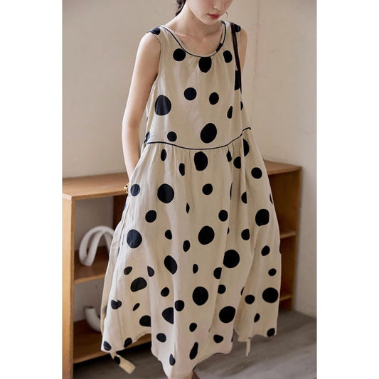 summer new large size loose long literary pendulum sleeveless temperament polka dot cotton and linen vest dress