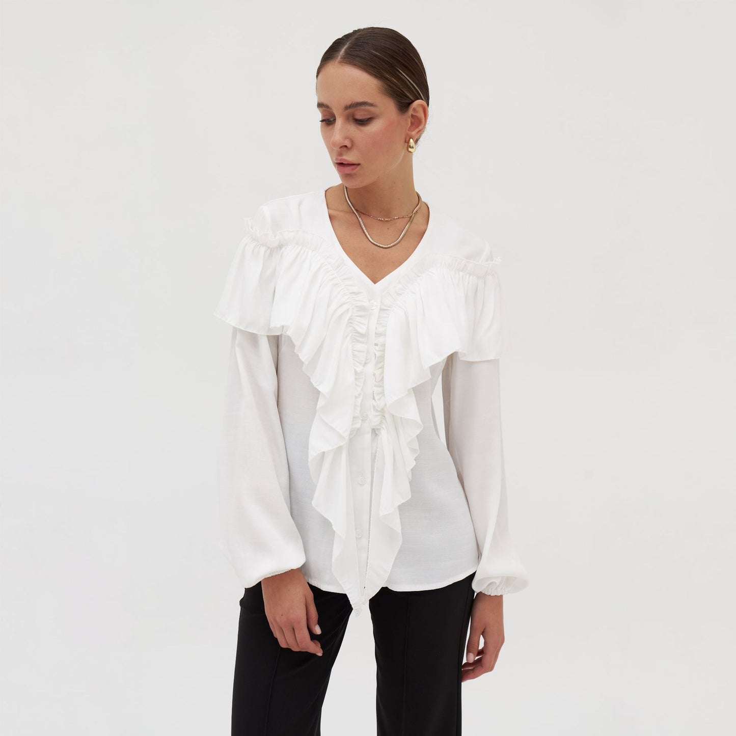 ruffle edge women's shirt slim-fitting V-neck long-sleeved workplace personalized white shirt women's high-end Popular trade model