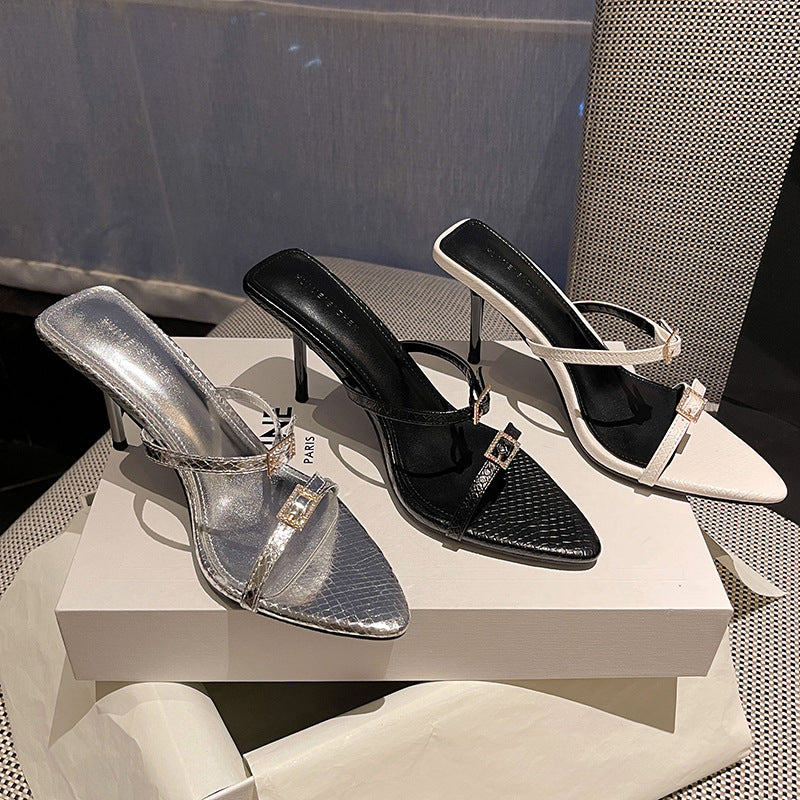 flowersverse Sexy Pointed High Heel Shoes 23 Summer New Rhinestone Stiletto Roman Sandals with Square Buckle Open Toe Women's Shoes Slippers