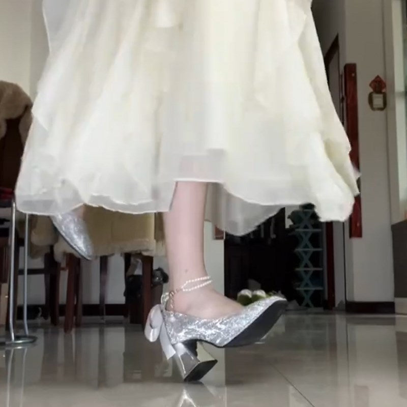 2025 silver dress high heels women's thick heel popular new 18-year-old bar mitzvah crystal main wedding dress bridal wedding shoes