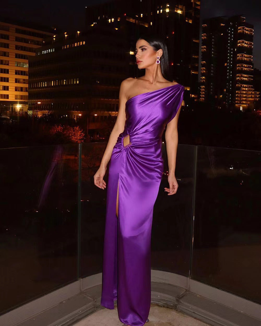 FLOWERSVERSE popular New spring and summer new long dress waist high waist temperament commuting solid color slanted shoulder temperament evening dress dress