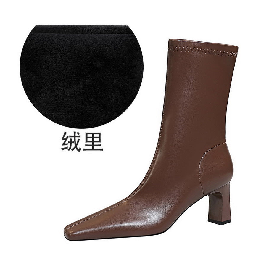FLOWERSVERSE 2025 375-12 style fashionable simple and versatile winter short women's boots thick heel high heel square head pedicure and thin short boots