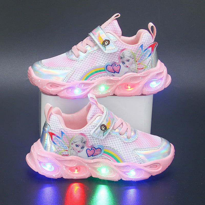 flowersverse With Light Girls' Shoes Autumn New Mesh Surface Breathable Shoes Leather Girls Sneaker Little Girl Princess Shoes