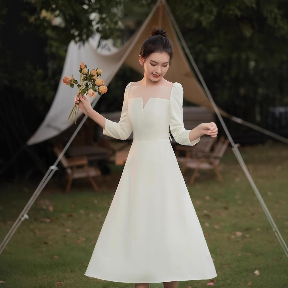 2025 Get the certificate and register, you can usually wear a simple long-sleeved small white dress, engagement dress, light wedding dress, satin dress.