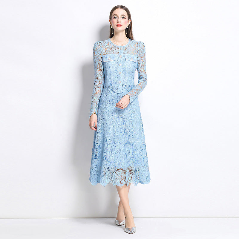 Hot style fashion temperament bead embroidery long-sleeved lace top skirt two-piece suit women's high-end dress