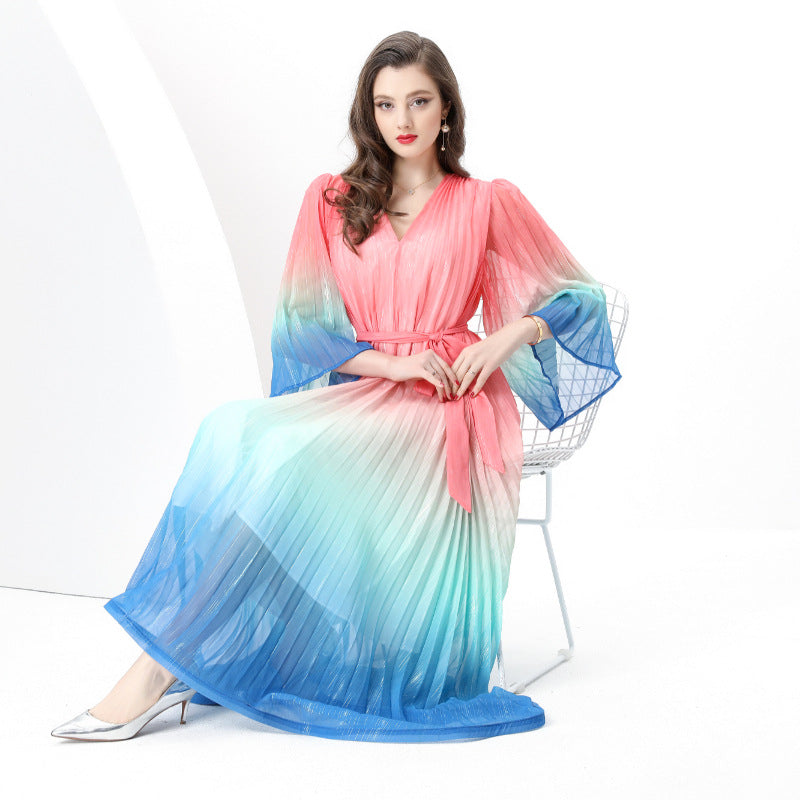 women's clothing new niche light ripe wind waist strap loose V-neck horn sleeve gradual change color dress