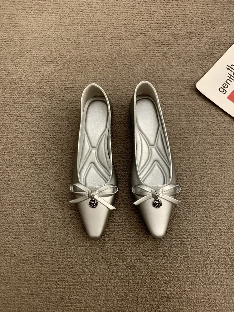 2025 Retro gentle bow ladyshoes shallow mouth inner height increase grandma shoes spring and summer single shoes evening shoes fairy shoes