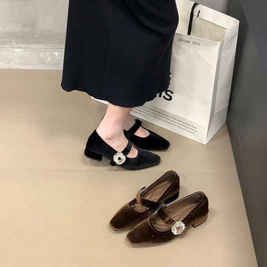2025 Thousand gold elegant retro square head rhinestone buckle with Mary Jane shoes temperament suede thick heel single shoes women