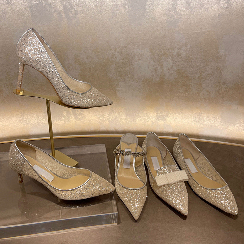 flowersverse JC Sequin Gauze Fashionable Wedding Shoes Women's Temperament Wild High Heels Niche Sexy Pointed Toe Rhinestone Stiletto Heel Pumps