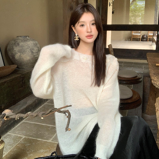 2025 Thirteen Lines popular Autumn New Elegant Wool Mohair Knitted Sweater Versatile Sweater Women 25060