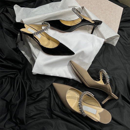 flowersverse JC Rhinestone High Heel Shoes New Style One Strap Fashionable All-Match Casual Pointed Luxury Genuine Leather Wedding Shoes for Women