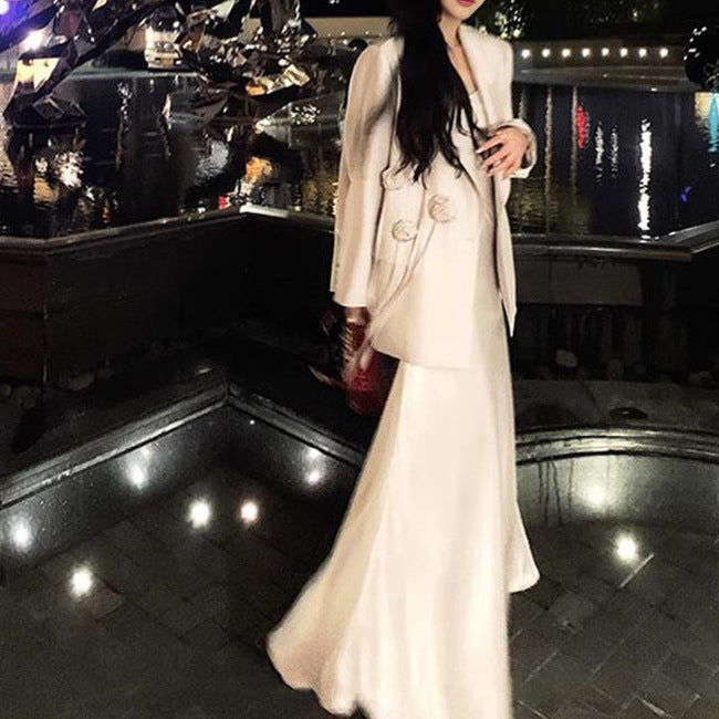 2025 Premium sense satin blazer women's spring loose thin suit dress set