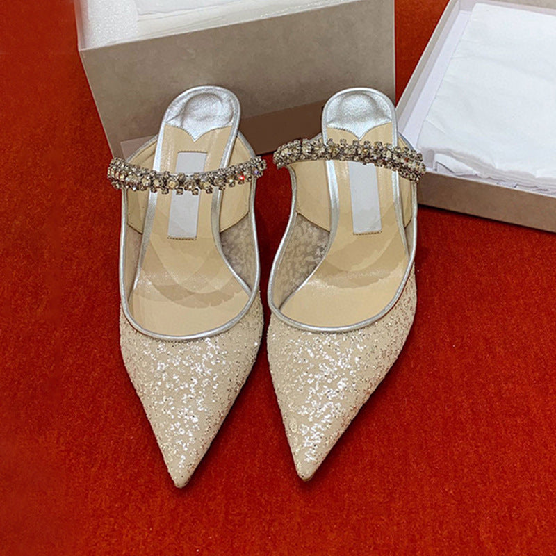 flowersverse JC Sequin Gauze Fashionable Wedding Shoes Women's Temperament Wild High Heels Niche Sexy Pointed Toe Rhinestone Stiletto Heel Pumps