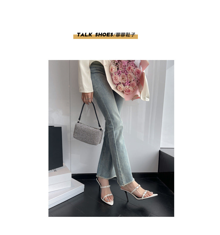 flowersverse Sexy Pointed High Heel Shoes 23 Summer New Rhinestone Stiletto Roman Sandals with Square Buckle Open Toe Women's Shoes Slippers