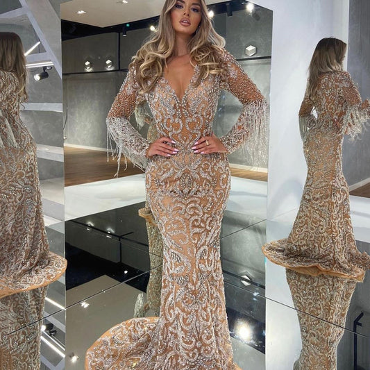 New spring new women's evening dress female fishtail sprinkled with gold tassel elegant sexy long dress dress