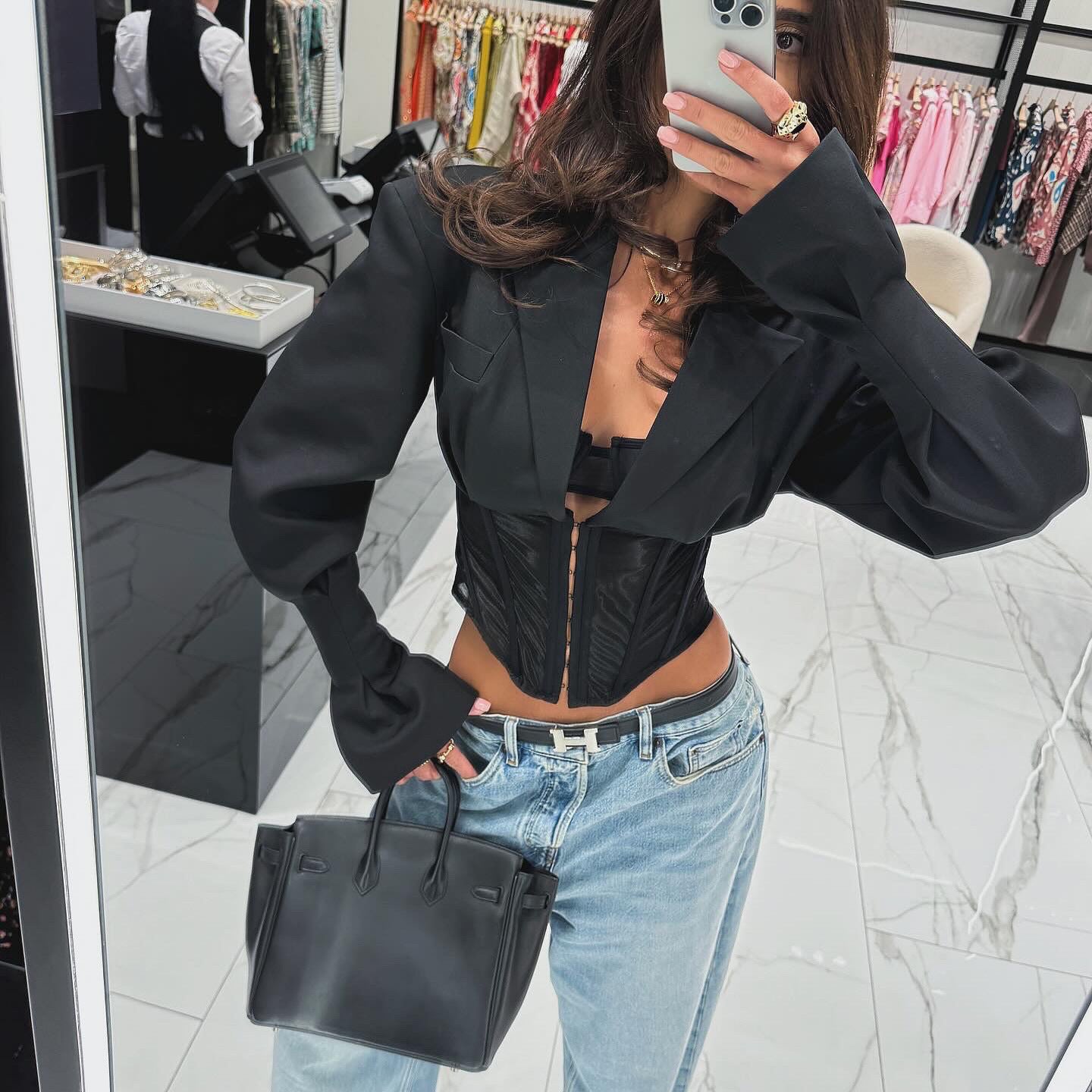 speakers, long-sleeved short suit top, deep v-neck, thin and slim, advanced niche design, front shoulder trendy brand