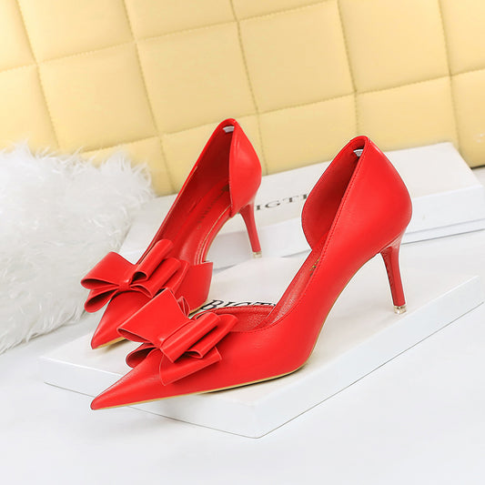 2025 3168-A2 Korean version of pedicure, thin and sweet women's shoes, thin heels, high heels, shallow mouth, pointed head, side hollow bow shoes