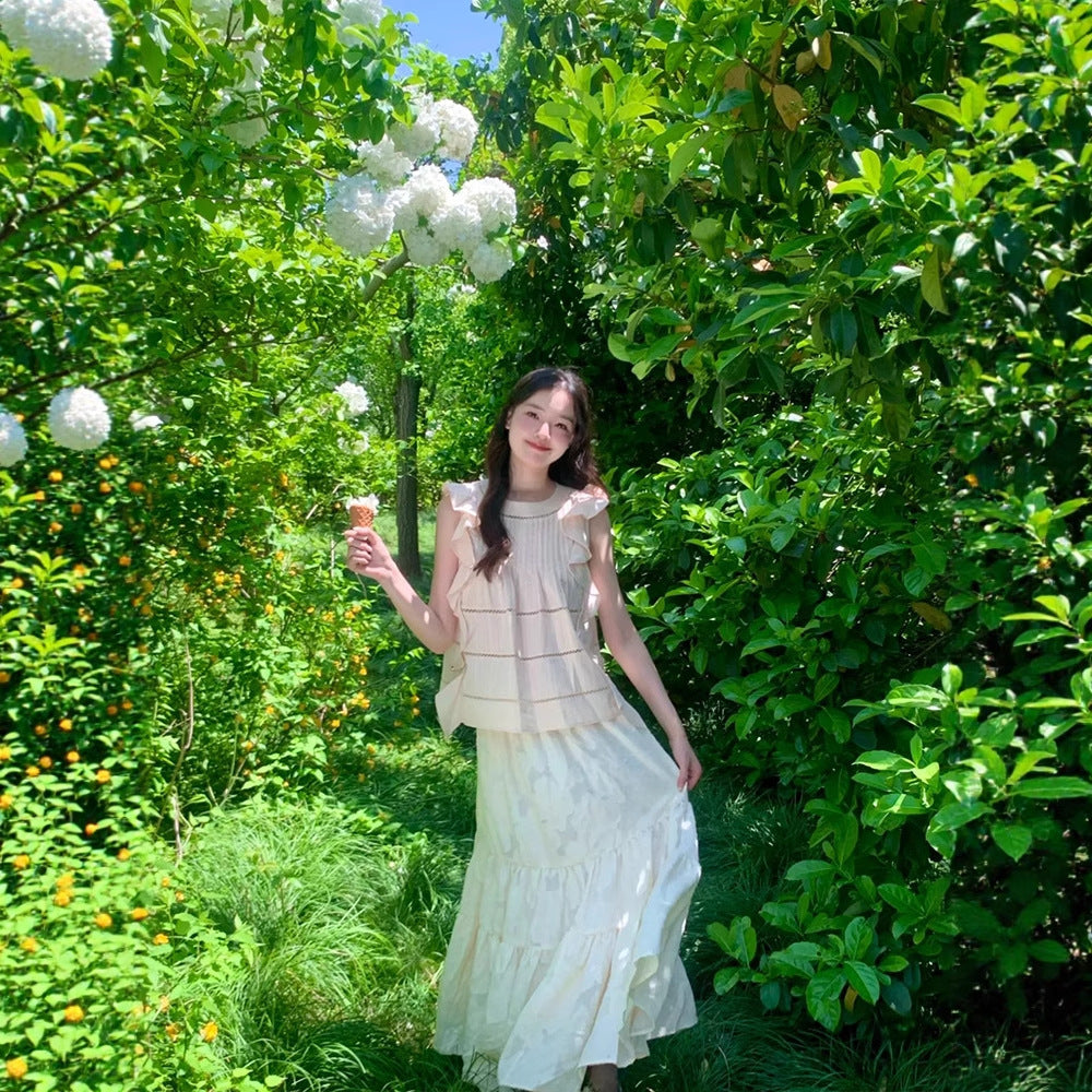 Siyuan, retro fresh style pure cotton hollow embroidered ruffle edge sleeveless loose top female 9115