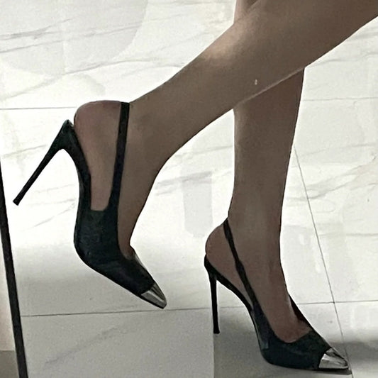 flowersverse Wholesale Pointed Patent Leather Hollow High Heel Sandals Low-Cut High Heel Pumps Women's Metal Toe Cap Style Solid Color High Heels