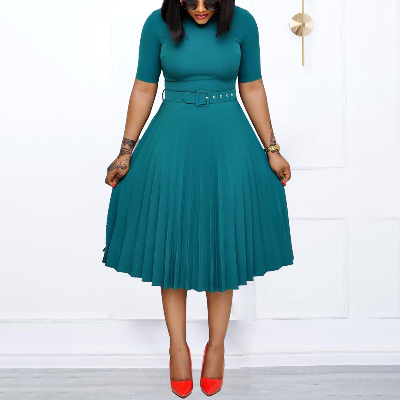 FLOWERSVERSE Cross-border new European, American round neck medium and long pleated skirt large size African cross-border belt dress