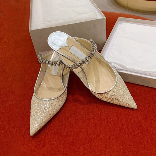 flowersverse JC Sequin Gauze Fashionable Wedding Shoes Women's Temperament Wild High Heels Niche Sexy Pointed Toe Rhinestone Stiletto Heel Pumps