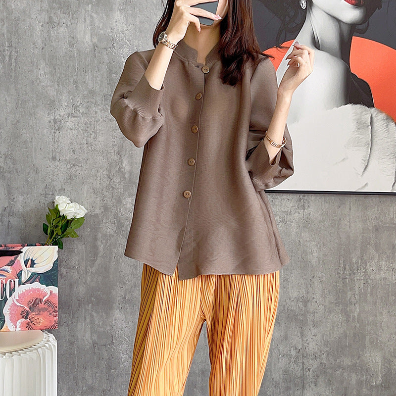 Xiaoxiangfeng breasted stand-up collar short jacket spring and summer new Mizhai women's cardigan slim-fitting and thin pleated top