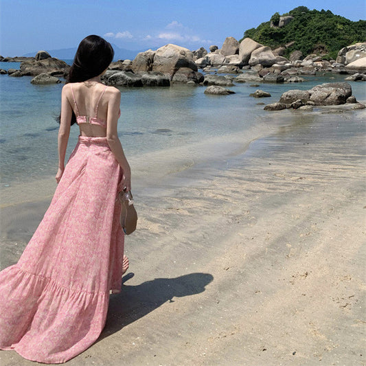 2025 Dopamine Pink Floral Halter Suspender Dress Super Fairy Premium Sense Trailing Chiffon Beach Dress