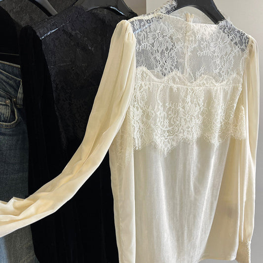 2025 early spring heavy industry lace splicing, light luxury silk velvet lantern sleeve with a single shirt inside