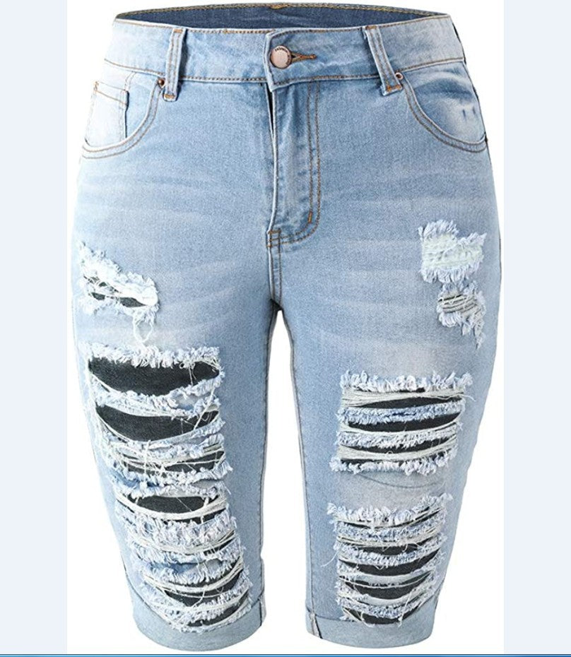 8853 # Popular trade high waist ripped elastic jeans women's medium pants