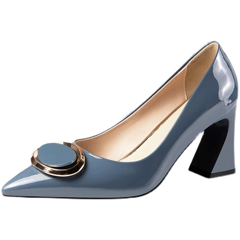 flowersverse High Heel Pumps Women's Shoes Spring and Autumn New Fashion Metal Buckle Pointed Toe Low-Cut Chunky Heel Women's Shoes